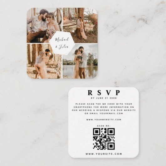 4フォトコラージュ写真結婚式RSVP QRコード エンクロージャーカード (正面/裏面)