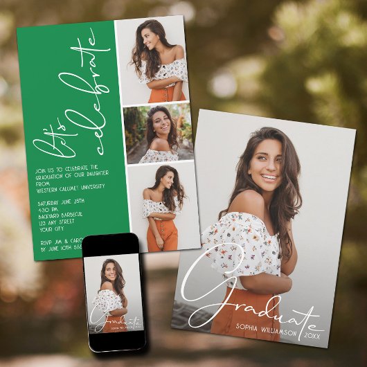 4フォトコラージュ卒業グリーン 招待状