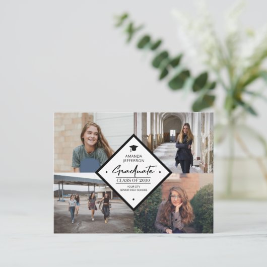 4フォトコラージュ卒業モダンスエレガントクリプトa 案内ポストカード (スタンド正面)