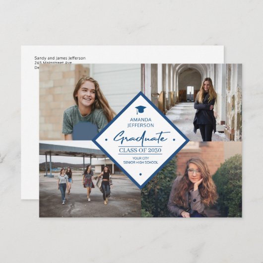 4フォトコラージュ卒業モダンスエレガントト 案内ポストカード (正面/裏面)