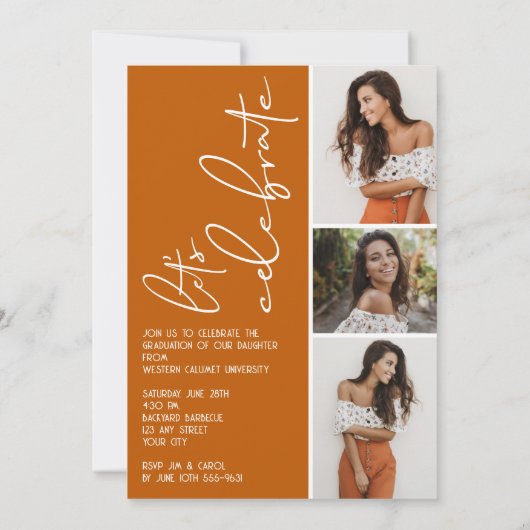 4フォトコラージュ卒業生焦げオレンジ 招待状 (裏面)