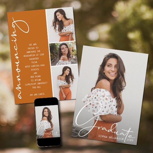 4フォトコラージュ卒業生焦げオレンジ 案内状