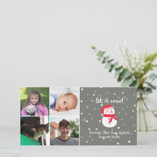 4フォトコラージュ名前をカスタムするかわいい雪だるまクリスマス シーズンカード (スタンド正面)