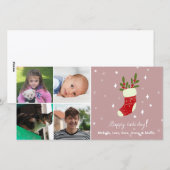 4フォトコラージュ名前をカスタムするレッドクリスマスストッキング シーズンカード (正面/裏面)