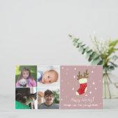 4フォトコラージュ名前をカスタムするレッドクリスマスストッキング シーズンカード (スタンド正面)