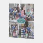 4フォトコラージュ家族の名前と年のティール（緑がかった色）と白 ガラスオーナメント (正面左)