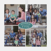 4フォトコラージュ家族の名前と年のティール（緑がかった色）と白 ガラスオーナメント (裏面)