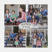 4フォトコラージュ家族の名前と年の白シンプル色 ガラスオーナメント (裏面)