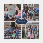 4フォトコラージュ家族の名前と年ネイビーブルーホワイト ガラスオーナメント (裏面)