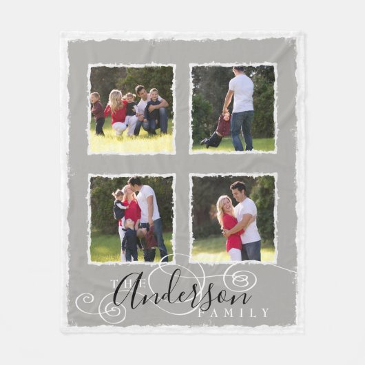 4フォトコラージュ家族の名前を追加グレー（中） フリースブランケット (正面)