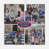 4フォトコラージュ家族の名前&年パープル&ホワイト ガラスオーナメント (裏面)