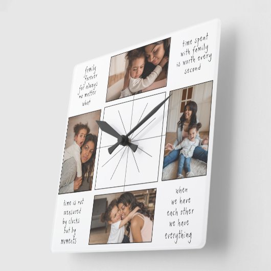 4フォトコラージュ家族の時間統合引用文 スクエア壁時計 (傾斜)