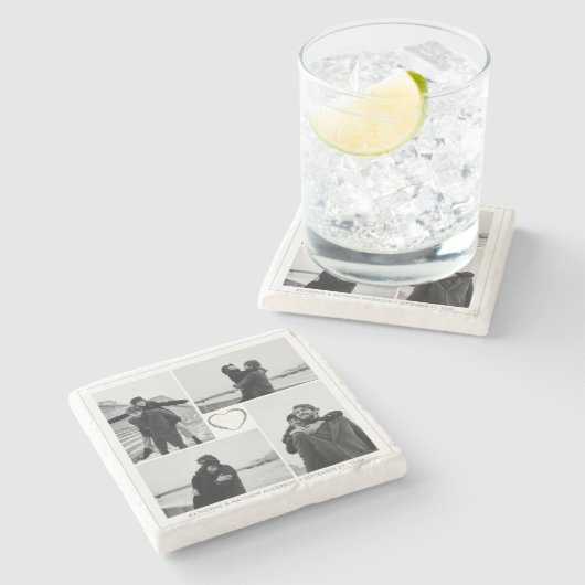 4フォトコラージュ結婚の記念日の名前と日付 ストーンコースター (横)