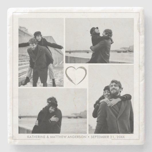4フォトコラージュ結婚の記念日の名前と日付 ストーンコースター (正面)