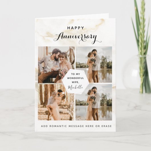 4フォトコラージュ結婚の記念日シック大理石 サンキューカード (正面)
