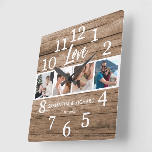4フォトコラージュ記念日バレンタインラブウッド スクエア壁時計 (傾斜)