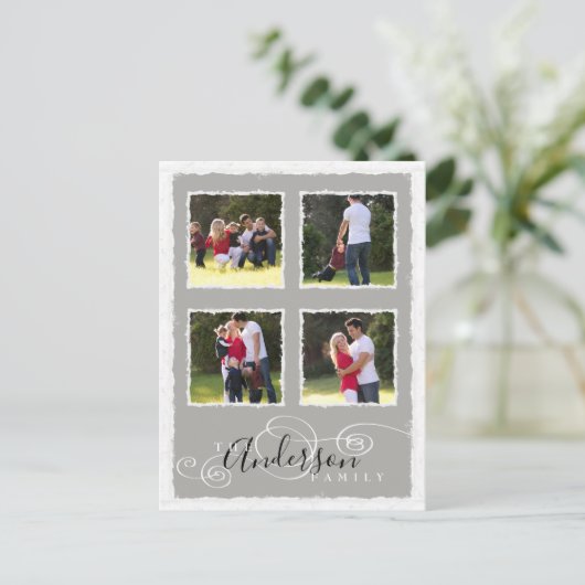 4フォトコラージュ追加ファミリ名グレー ポストカード (スタンド正面)