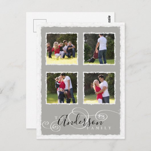 4フォトコラージュ追加ファミリ名グレー ポストカード (正面/裏面)