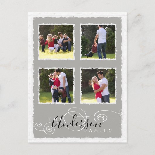 4フォトコラージュ追加ファミリ名グレー ポストカード (正面)