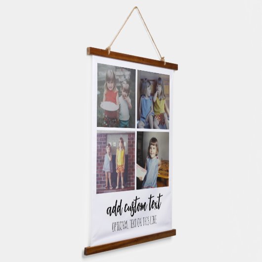 4フォトコラージュ – ファミリ文字下部 – 白 吊り下げ型タペストリー (傾斜あり)