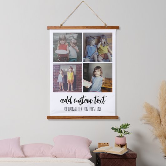4フォトコラージュ – ファミリ文字下部 – 白 吊り下げ型タペストリー (寝室)