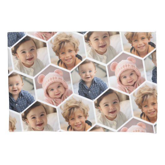 4フォトコラージュ – ファンキーハニカム六角形パターン 枕カバー (正面)