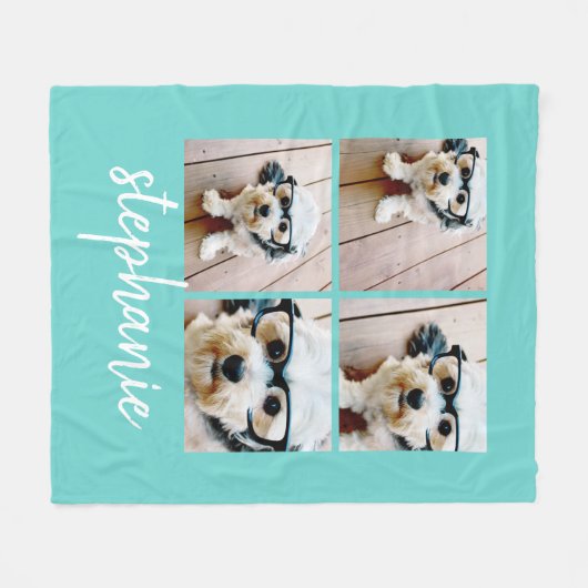 4フォトコラージュ – 青いピンク色を編集できる フリースブランケット (正面(横))