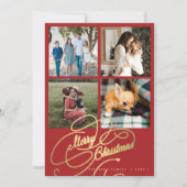 4フォトコラージュMerry Christmasスクリプエレガントト赤 シーズンカード (正面)