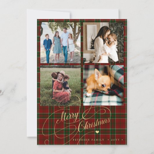 4フォトコラージュMerry Christmasスクリプトレッドタータンチェック シーズンカード (正面)