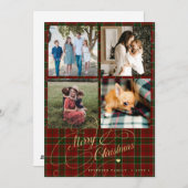 4フォトコラージュMerry Christmasスクリプトレッドタータンチェック シーズンカード (正面/裏面)