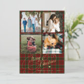 4フォトコラージュMerry Christmasスクリプトレッドタータンチェック シーズンカード (スタンド正面)