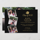 4フォトコラージーブラック&金ゴールド卒業パーティー 招待状 (正面/裏面)