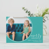 4フォトティール(緑がかった色)ブルー手書きメリークリスマス シーズンカード (スタンド正面)