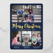4フォトネイビーブルーメリークリスマスコラージュモダン 箔シーズンカード (正面)