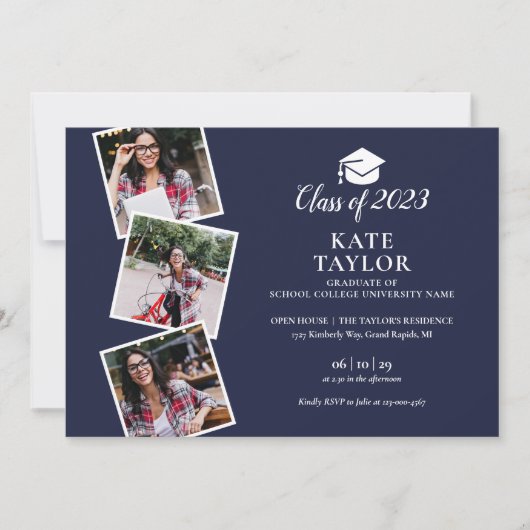 4フォトネイビーブルー卒業パーティー 招待状 (正面)