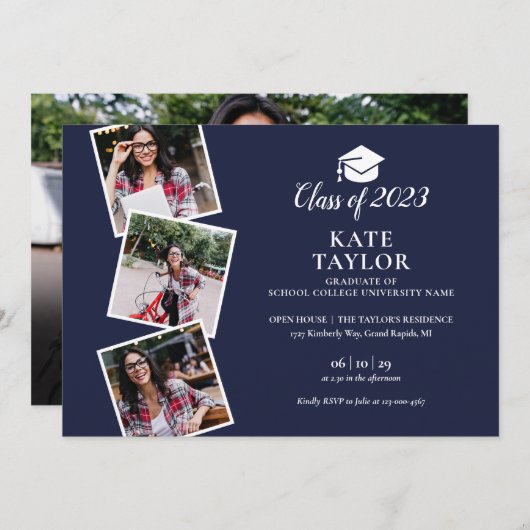 4フォトネイビーブルー卒業パーティー 招待状 (正面/裏面)