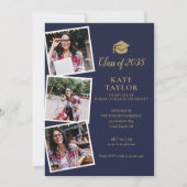 4フォトネイビーブルー金ゴールド卒業パーティー招待状 招待状 (正面)