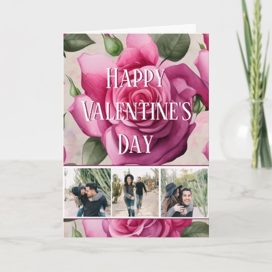 4フォトピンクのバラ愛フローラバレンタインデー シーズンカード (正面)