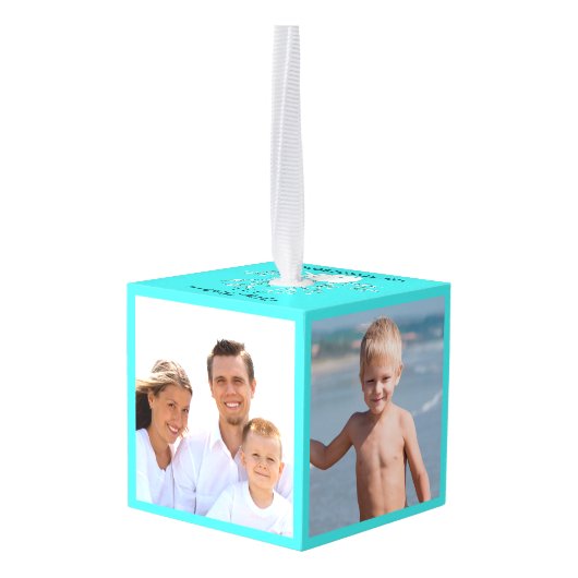4フォトファミリーパーソナライズされたビーチクリスマス キューブオーナメント (裏面アングル)