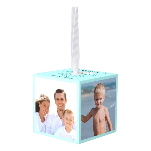 4フォトファミリービーチクリスマスアクアブルー キューブオーナメント (裏面アングル)