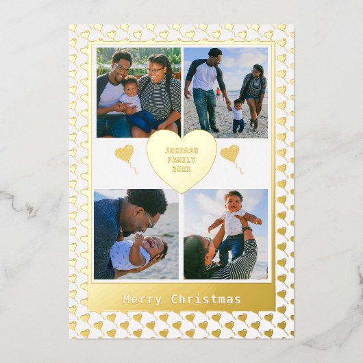 4フォトファミリー名金ゴールド赤いハートクリスマス 箔シーズンカード (正面)