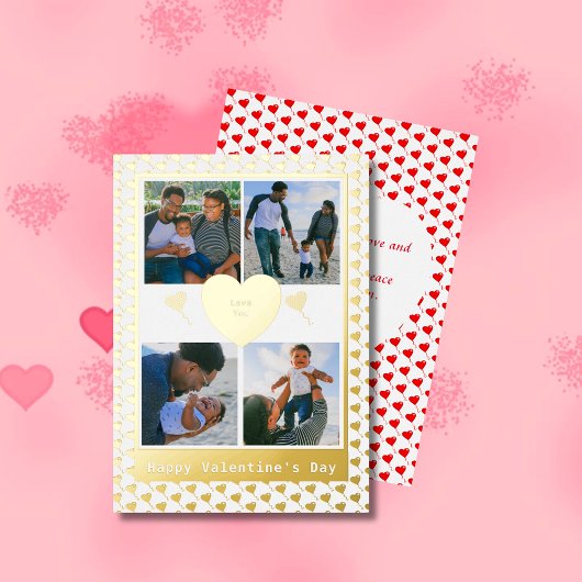 4フォトファミリー金ゴールド赤いハート詩バレンタイン 箔シーズンカード