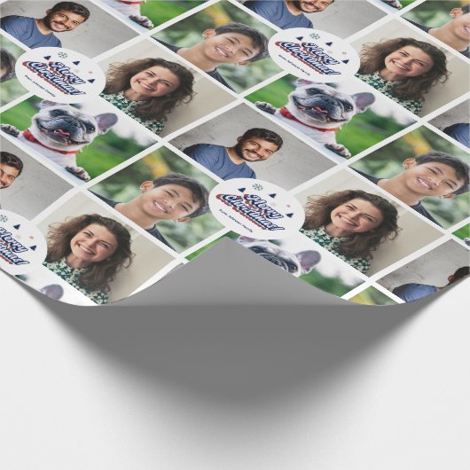 4フォトファミリー&ペットコラージュレトロクリスマスタイポグラフィ ラッピングペーパー (角)