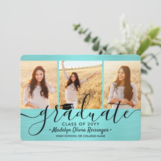 4フォトブラシティール(緑がかった色)ブルーブラックシンプル卒業 案内状 (スタンド正面)