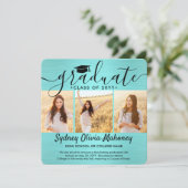 4フォトブラシティール（緑がかった色）ブルーブラックモダン卒業 案内状 (スタンド正面)