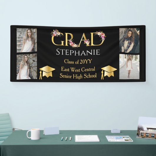 4フォトブラック金ゴールドフローラ大学院ネームスクール 横断幕 (トレードショー)