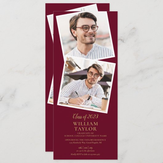 4フォトブルゴーニュと金ゴールド卒業パーティー 招待状 (正面/裏面)