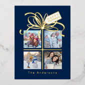 4フォトブルークリスマスホリデーカード 箔シーズンポストカード (正面)