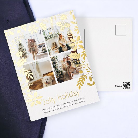 4フォトホリデーすてきノルディフラワークリスマス 箔シーズンポストカード