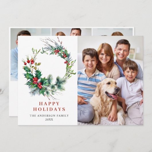 4フォトホリーベリーリースクリスマスグリーティング シーズンカード (正面/裏面)